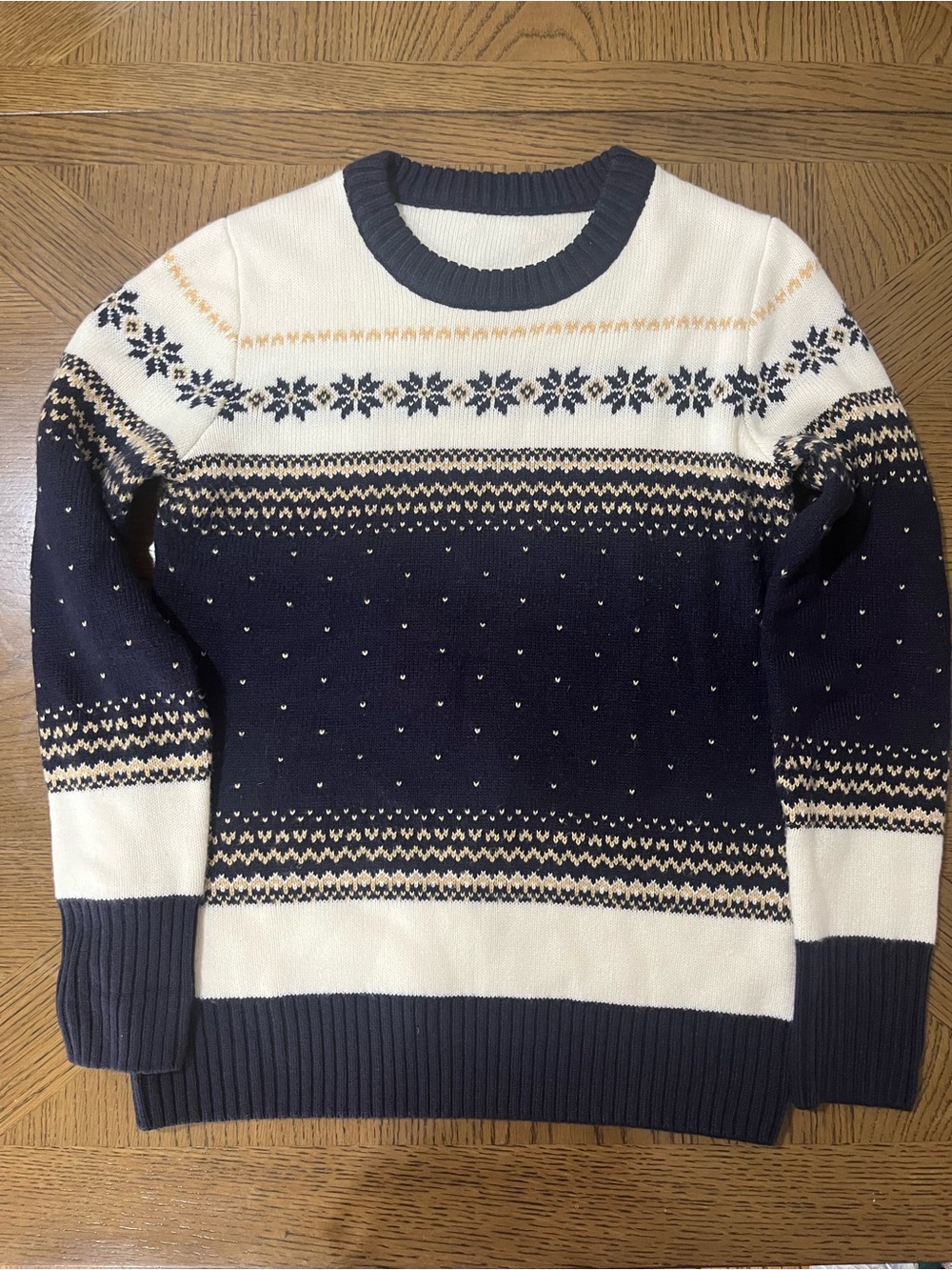 SHEIN Navy, White and Tan Fair Isle Crewneck Sweater